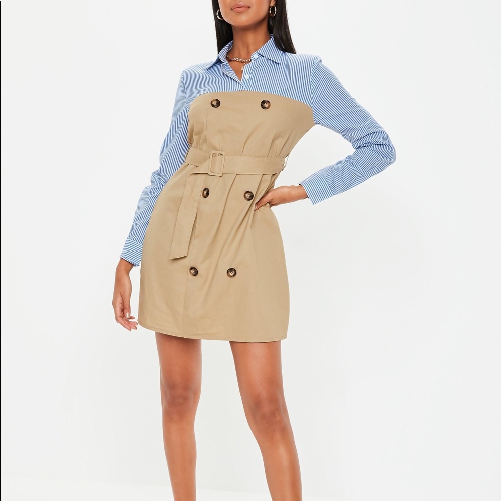 Stone Mixed Fabric Belted Shirt Dress